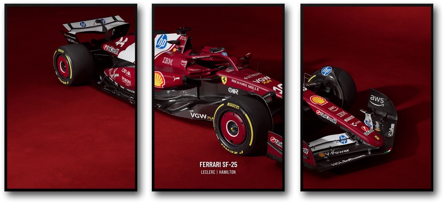 3-teilig | Ferrari F1-Rennwagen-Poster | Dreiteilige Wandkunst | Charles Leclerc-Poster | Lewis Hamilton-Poster | Von der Formel 1 inspiriertes Dekor | Motorsport
