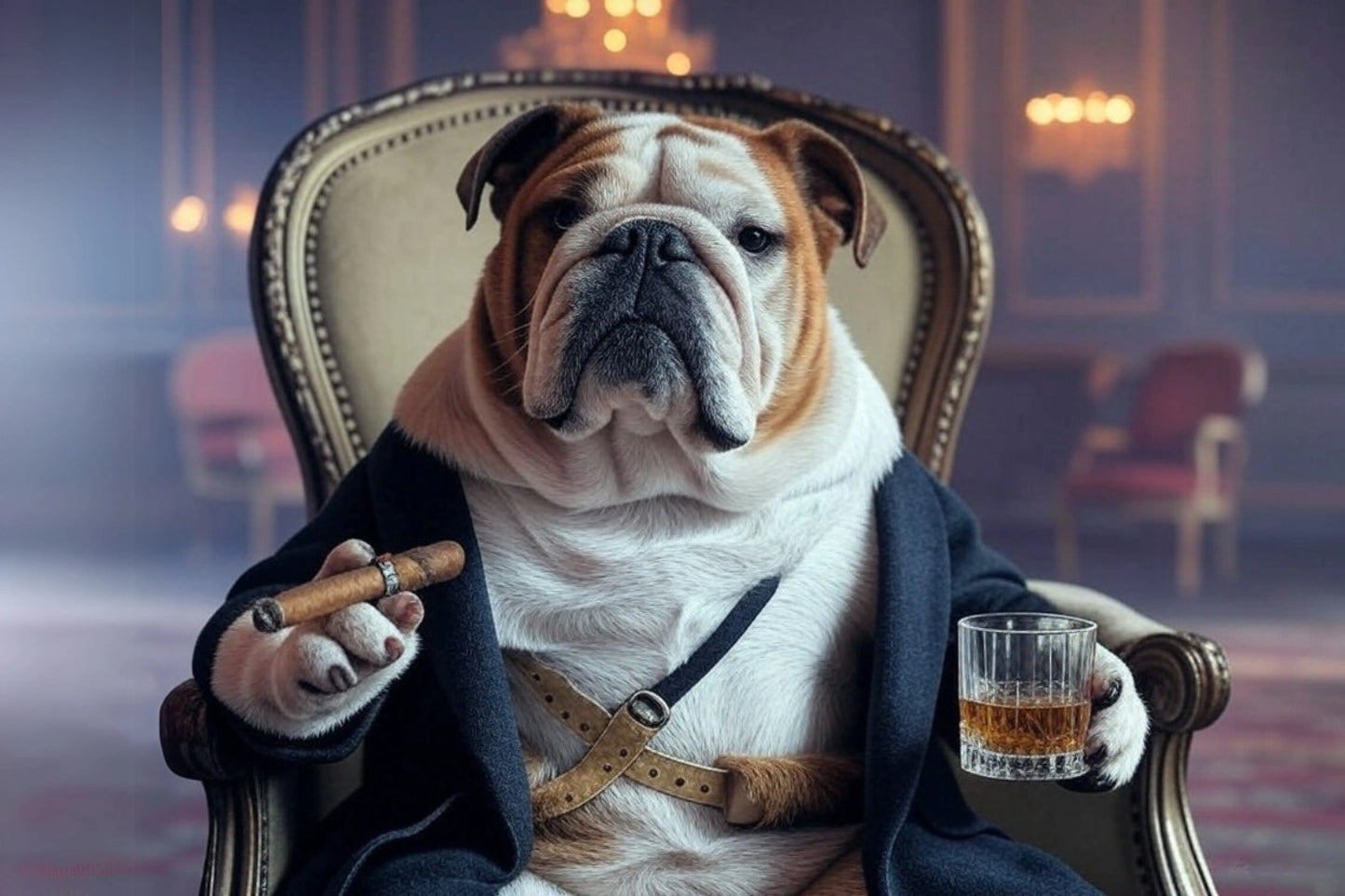 Gentleman Bulldog Poster | Classy English Bulldog in Tuxedo with Cigar | Ideal for Bar or Man Cave Decor