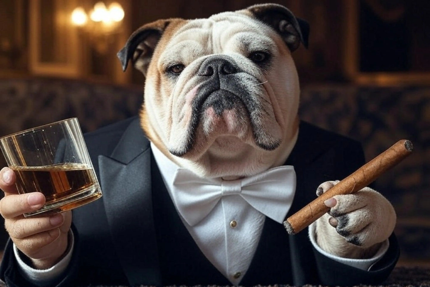 Gentleman Bulldog Poster | Dapper Bulldog with Cigar and Whiskey | Stylish Wall Art for Living Room or Study