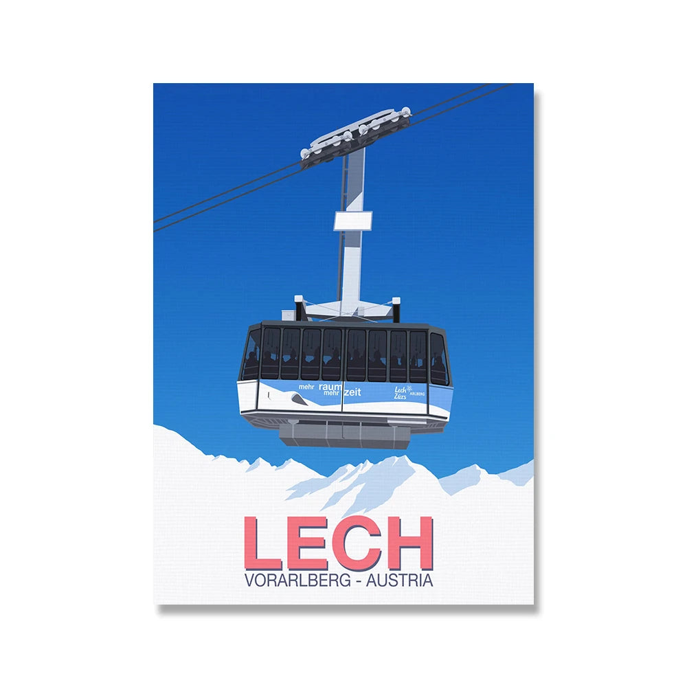 Lech Vorarlberg Austria Poster | Scenic Cable Car Illustration | Alpine Ski Resort Art | Perfect Wall Decor for Skiers