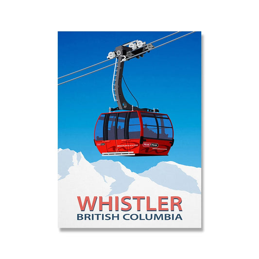 Whistler British Columbia Poster | Iconic Red Cable Car Art | Peak to Peak Gondola Print | Ideal for Winter Sports Enthusiasts