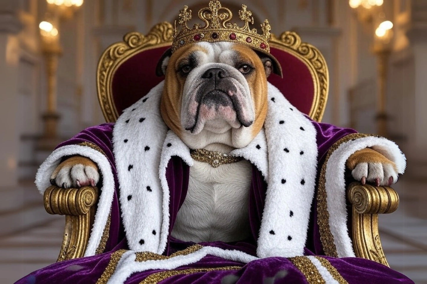 Imperial Bulldog Monarch Poster | Bulldog in Velvet Robe and Crown | Ultimate Statement Piece for Home Decor