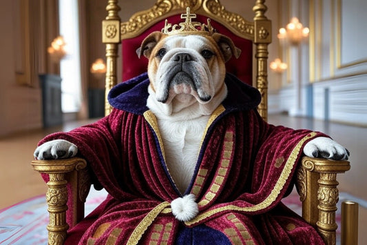 Noble Bulldog King Poster | Regal English Bulldog in Royal Robes and Crown | Luxurious Wall Art for Palace-Themed Rooms