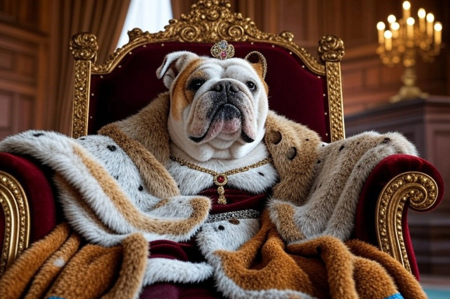 Royal Bulldog in Throne Room Poster | Majestic English Bulldog as King with Crown | Opulent Decor for Home or Office