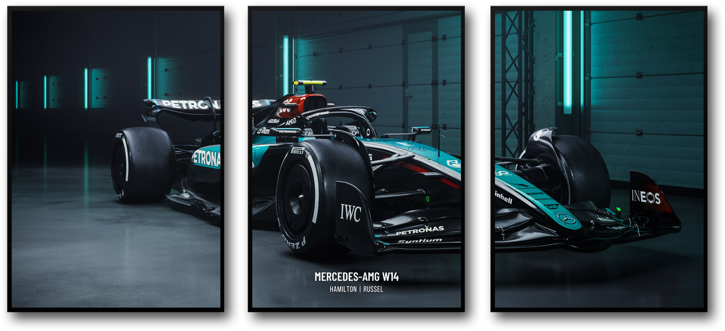 Mercedes Formel 1 Rennwagen-Poster | 3-teiliges Wandbild | Lewis Hamilton | Dreiteiliges Panel | Motorsport-Dekor | Home-Office-Dekor