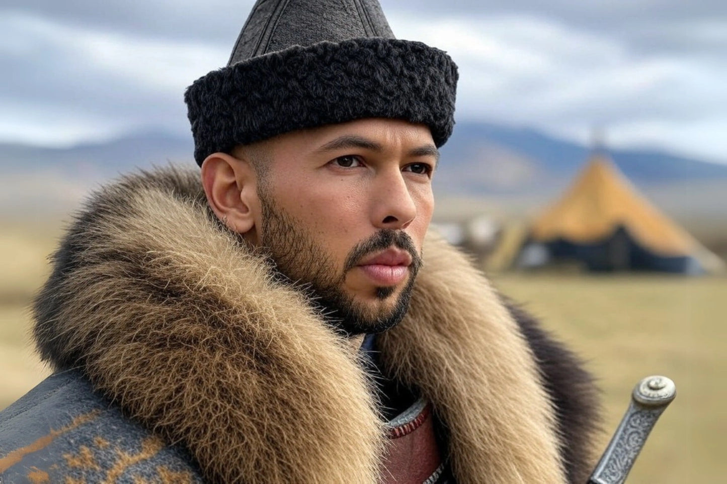 Mongolian Leader | General Andrew Tate | Stern Warrior in Tribal Attire Overlooking the Steppes | Powerful Cultural Representation