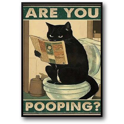 Funny Black Cat Reading Newspaper | Retro Art