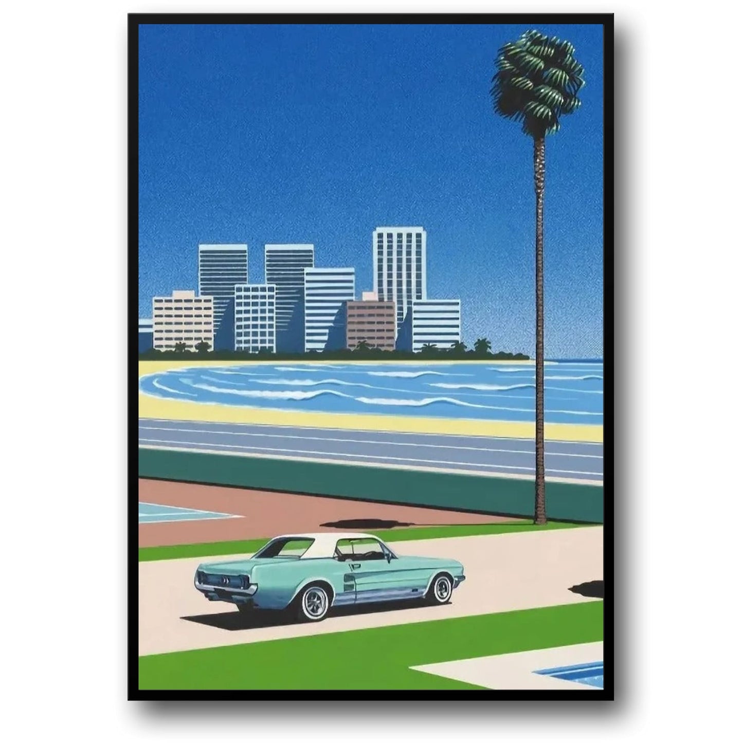 Hiroshi Nagai | Retro-Vaporwave-Poster | Japanische tropische Strand-Stadtauto-Kunst | Wandleinwand Nordisches Dekor