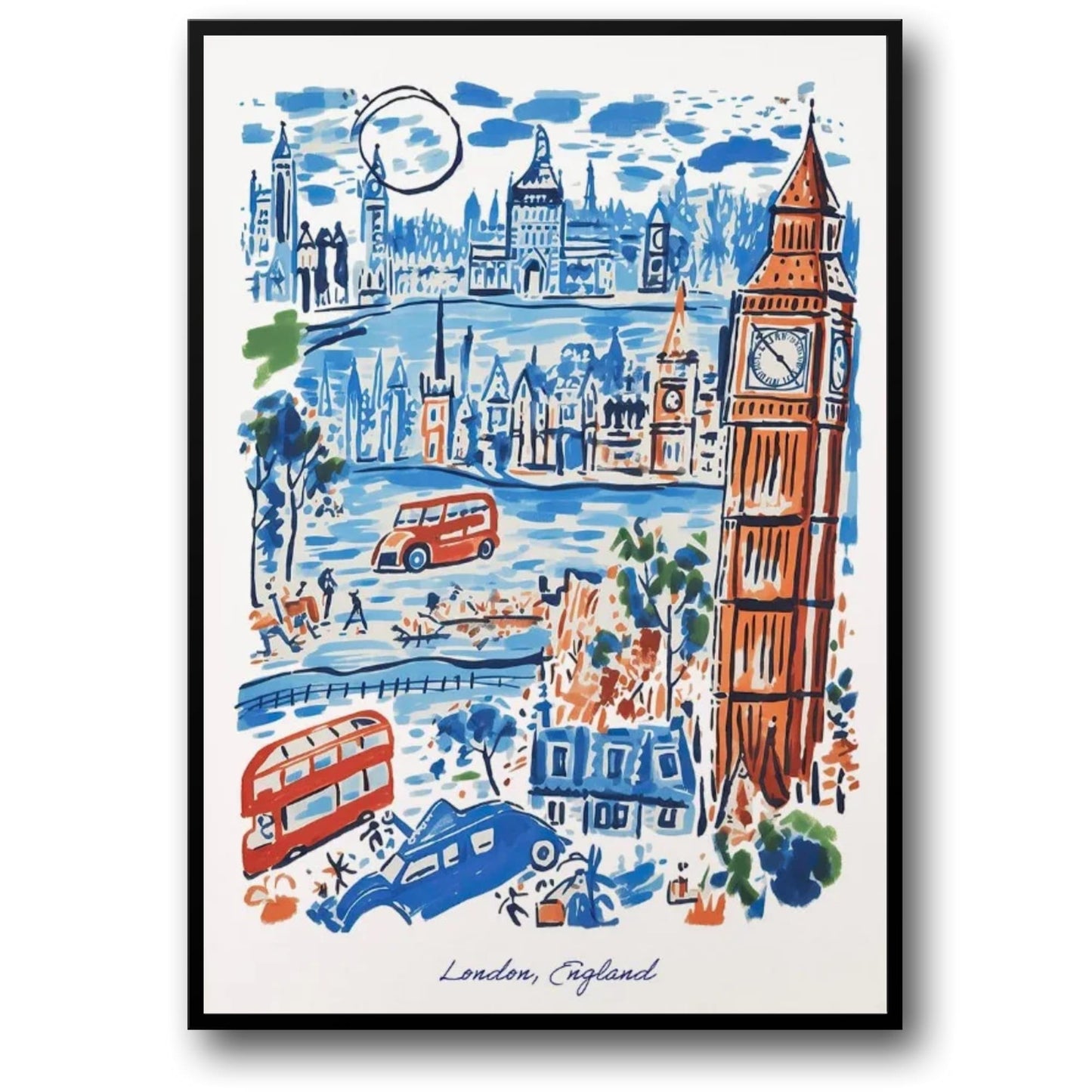 Poster London, England | Ikonische Wahrzeichen der Stadt | Blaue und rote Stadtszene | Perfektes Geschenk für Reisende