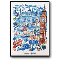 Poster London, England | Ikonische Wahrzeichen der Stadt | Blaue und rote Stadtszene | Perfektes Geschenk für Reisende