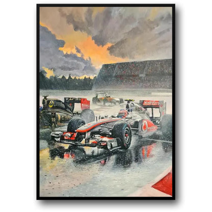 Poster | Rennszene im Regen | McLaren- und Lotus-Autos | Formel-1-Rennaction | Vodafone-Team
