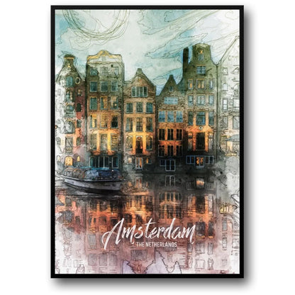 Grachtenhäuser | Amsterdam | Niederlande | Traditionelle niederländische Architektur | Ikonische Amsterdamer Grachten | Poster zur Stadtarchitektur