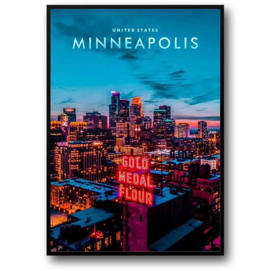 Minneapolis Skyline Poster | Stadtansichten der Vereinigten Staaten | Lebendige Stadtlandschaft | Wohndekor-Kunstwerk