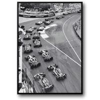 Schwarz-weißes Vintage-F1-Rennplakat | Monaco Grand Prix-Rennwagen | Wandkunst auf Leinwand für die Inneneinrichtung