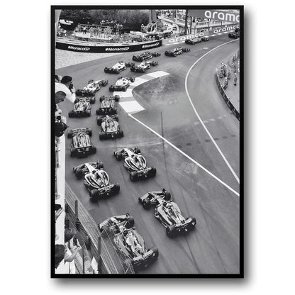 Schwarz-weißes Vintage-F1-Rennplakat | Monaco Grand Prix-Rennwagen | Wandkunst auf Leinwand für die Inneneinrichtung