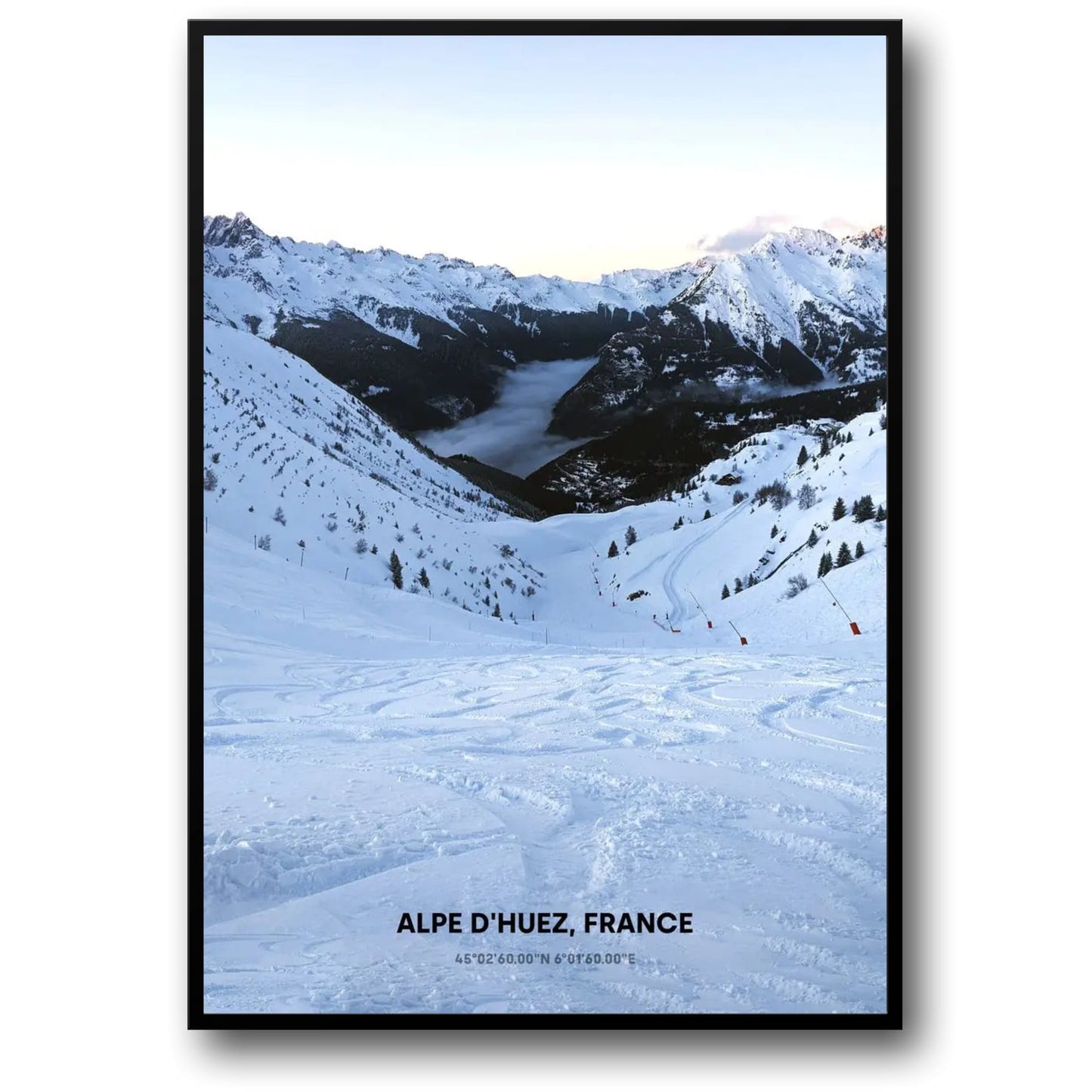 Poster mit weitläufigen Schneelandschaften | Winterlandschaft der Alpe d'Huez | Atemberaubende französische Alpenlandschaftskunst | Fangen Sie die Schönheit der schneebedeckten Berge ein