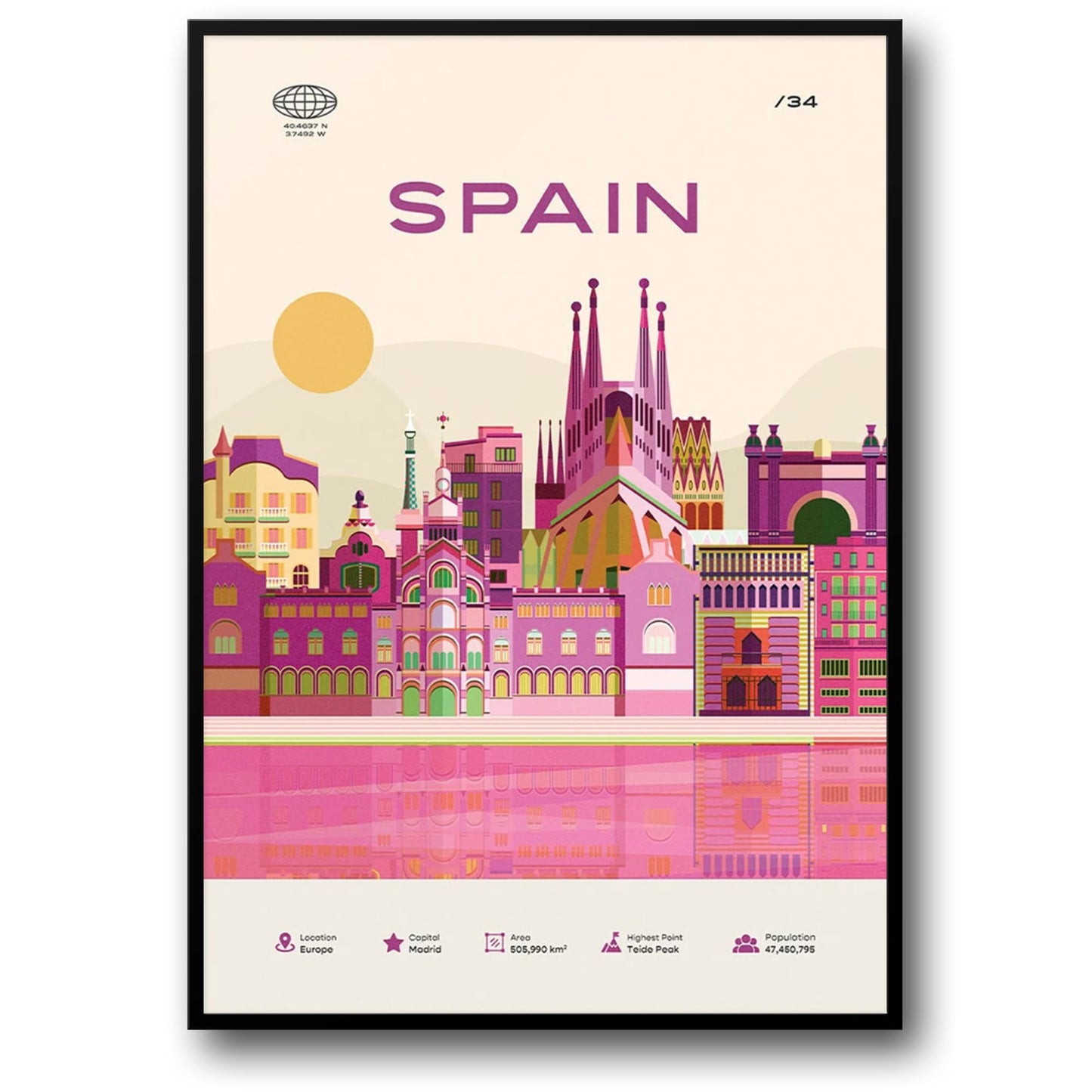 Spain Travel Poster | Barcelona Cityscape | Sagrada Familia Art Print | Vibrant Urban Decoration