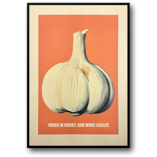 Vintage '70s Food Commercial Poster | Retro Kitchen Art | When in Doubt Add More Garlic Decor