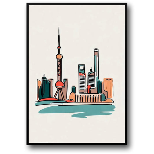 Kunstdruck der Skyline von Shanghai | Modernes Stadtplakat | Schlichte Stadtbildillustration | Ideal für zeitgenössische Räume