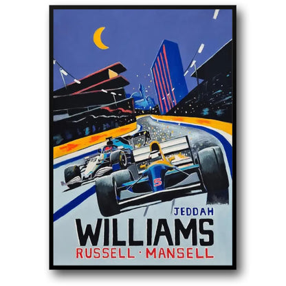 Poster der Rennszene in Jeddah | Russell & Mansell | Williams F1-Kunst | Formel-1-Erbe