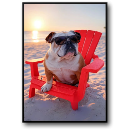 Sunset Beach Bulldog Portrait Poster | English Bulldog in Red Chair Wearing Sunglasses | Vibrant Wall Art for Home or Office