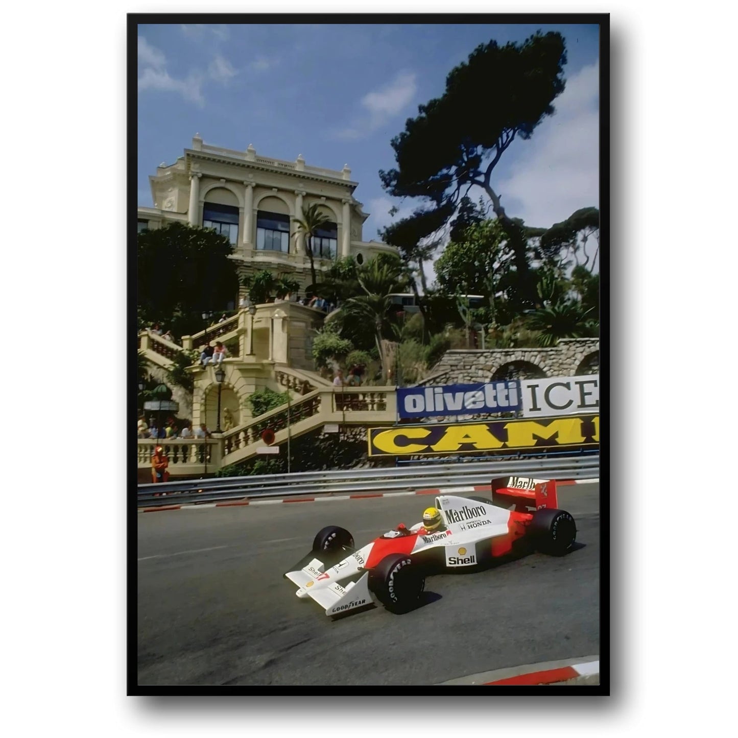 Formel 1 von Monaco | Grand Prix von Monaco | F1-Rennplakat | McLaren MP4/5 | Ayrton Senna | Stufen des Casinos von Monte Carlo
