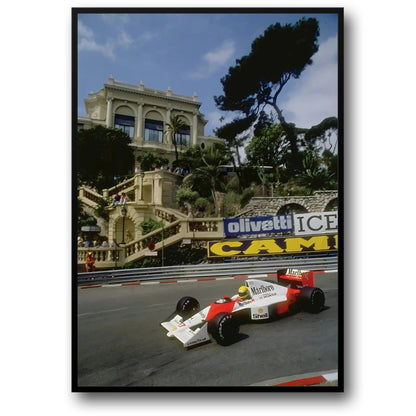 Formel 1 von Monaco | Grand Prix von Monaco | F1-Rennplakat | McLaren MP4/5 | Ayrton Senna | Stufen des Casinos von Monte Carlo