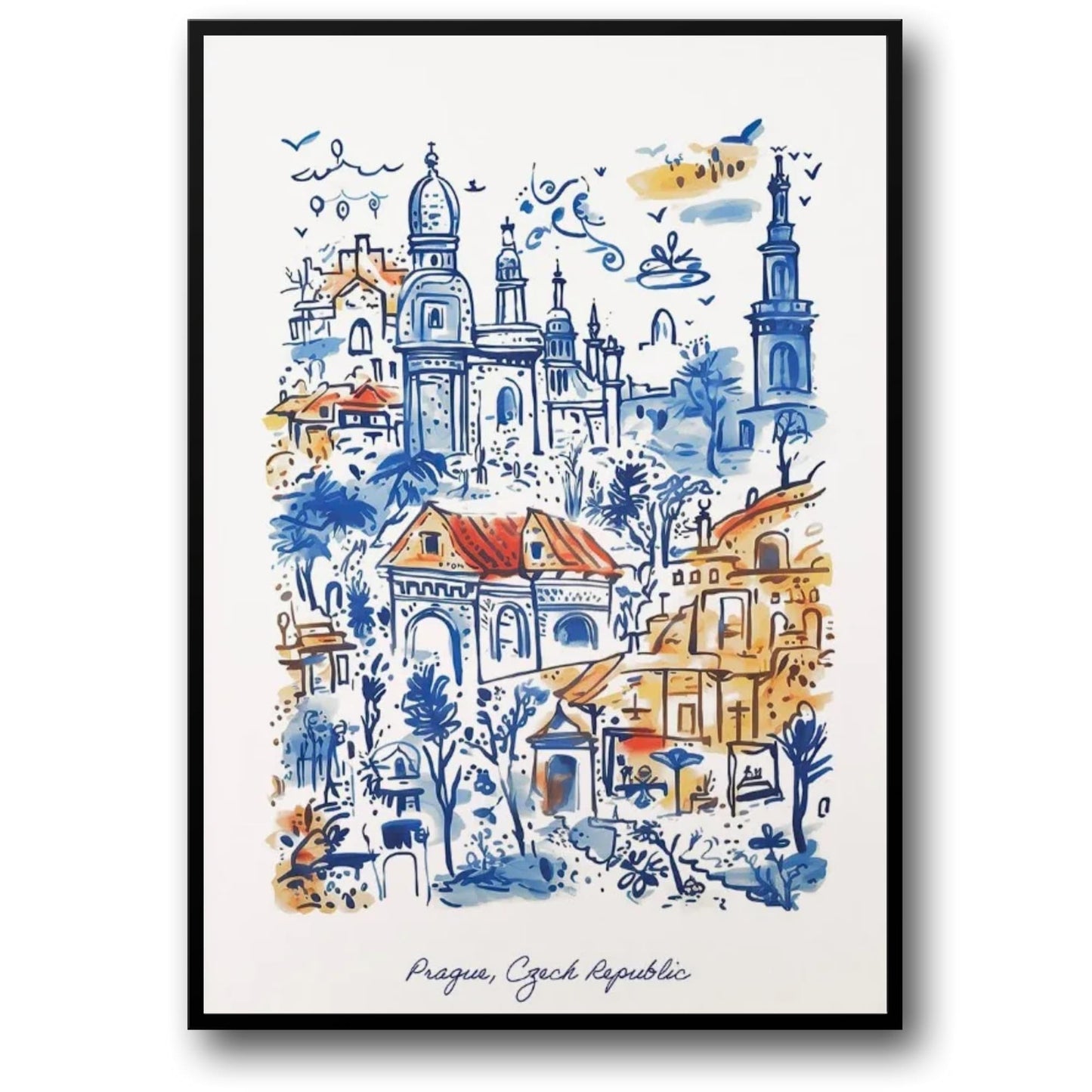 Prager Architektur Poster | Blaue und orange Aquarellkunst | Tschechische Republik Historische Illustration | Einzigartige Wohndekoration