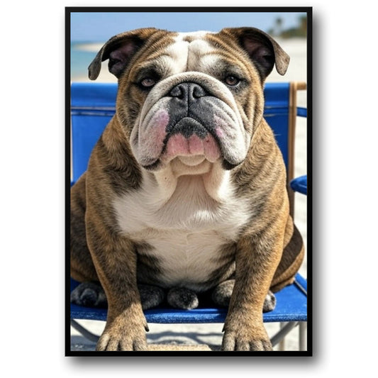 Charmante Bulldogge am Strand | Entspannte Bulldogge im blauen Sessel