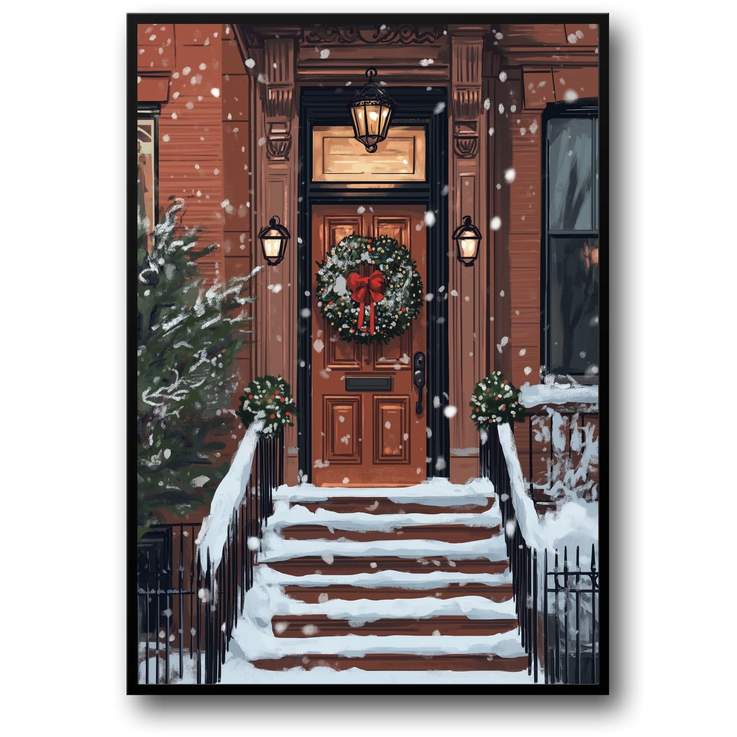Charming Snowy Brownstone Porch | Holiday Wreath & Lanterns | Cozy Winter Scene