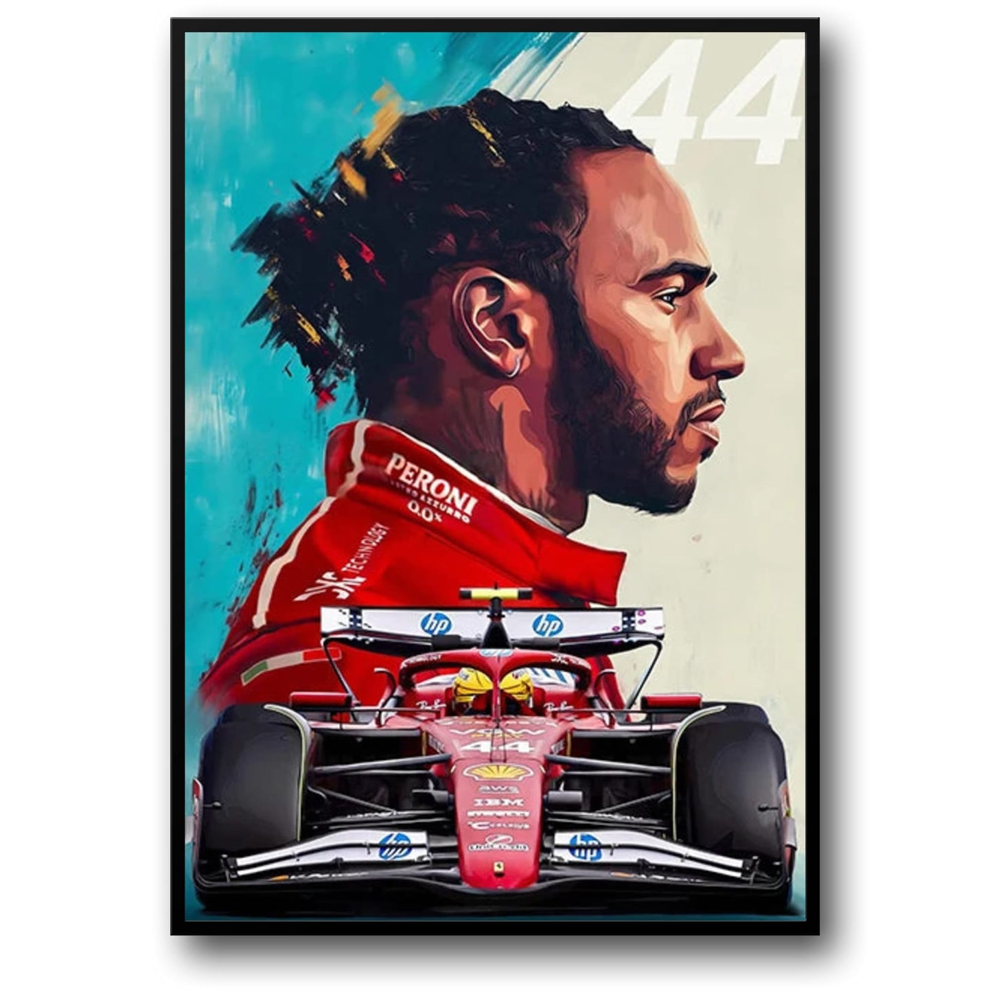 Lewis Hamilton 2025 Formel 1 Saison Künstlerisches Portrait-Poster | Lebendiger abstrakter Hintergrund | SF25 Auto | Nummer 44