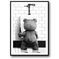 Schwarz-weißer Bären-Kunstdruck | Süßes Badezimmer-Wandposter | Moderne Heimdekoration | Leinwandbild