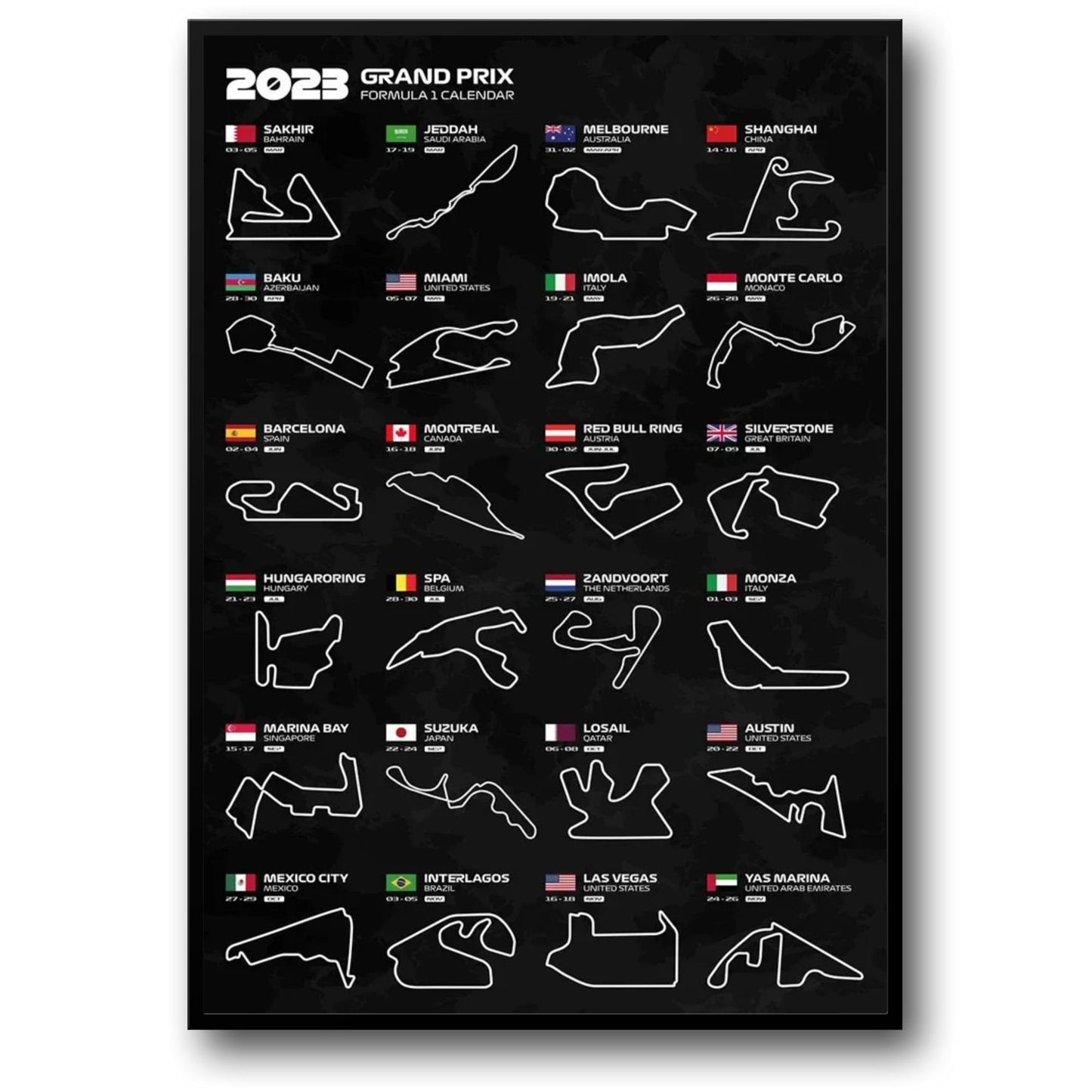 Formel-1-Rennstreckenposter 2023 | 2023 | Übersicht über die komplette F1-Streckensaison | Unverzichtbare Formel-1-Rennstreckenposter
