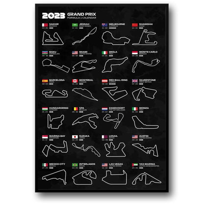 Formel-1-Rennstreckenposter 2023 | 2023 | Übersicht über die komplette F1-Streckensaison | Unverzichtbare Formel-1-Rennstreckenposter