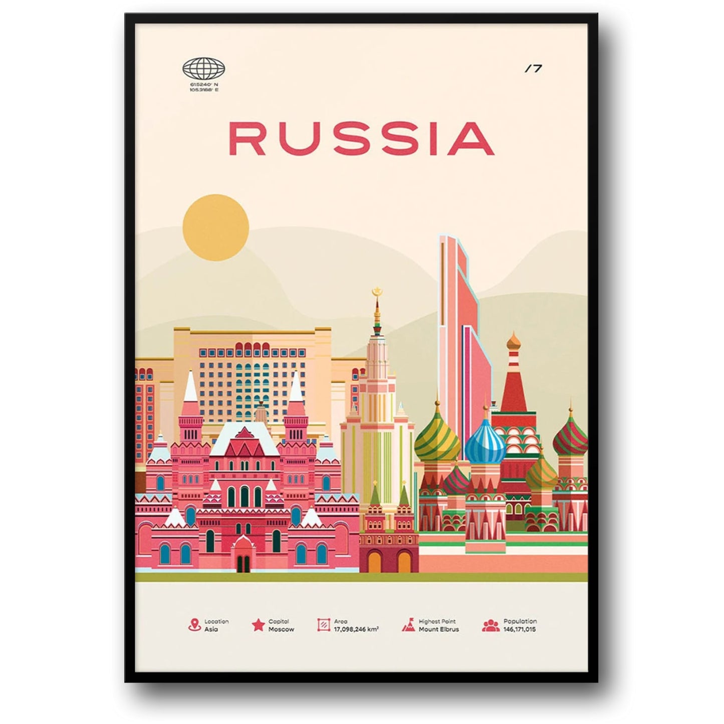 Russland Reiseposter | Moskauer Skyline und Sehenswürdigkeiten | Roter Platz und Kreml Illustration | Einzigartige Wandkunst