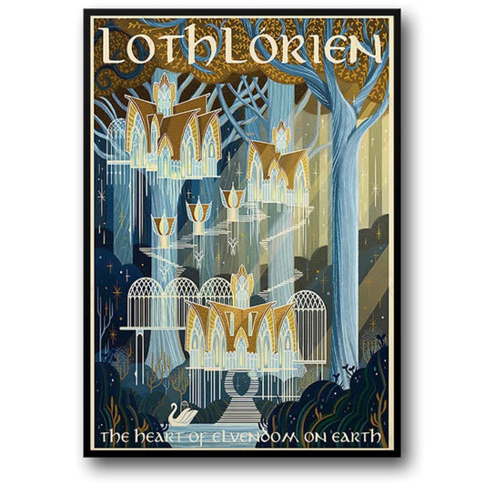 Lothlorien, The Golden Wood: Captivating Fantasy Realm Poster  Ideal for Fans of Enchanted Forests and Ethereal Architecture