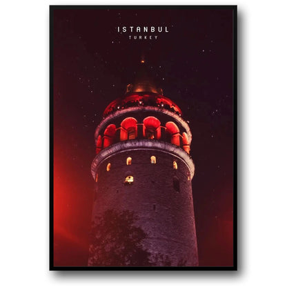 Galata Tower Illuminated Poster | Nighttime Glow in Istanbul | Captivating Constantinople | Iconic Turkish Landmark Scene
