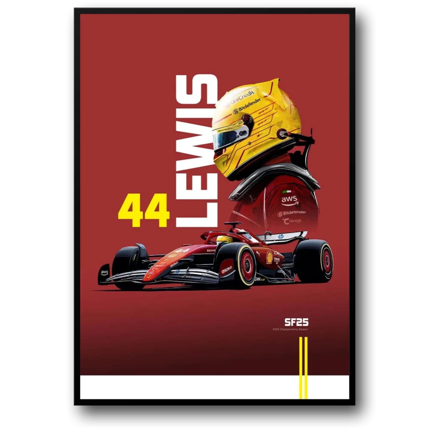 Lewis Hamilton Formel 1-Rennposter Saison 2025 | SF25-Meisterschaftsauto mit legendärem gelben Helm | Rote Sammleredition