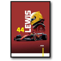 Lewis Hamilton Formel 1-Rennposter Saison 2025 | SF25-Meisterschaftsauto mit legendärem gelben Helm | Rote Sammleredition