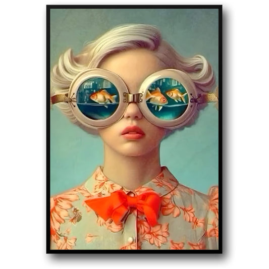 Bloemige Meisje | Vrouw met Vis | Serene Aqua Achtergrond