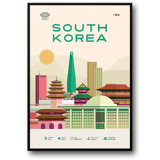 Südkorea Poster | Seoul Urban Skyline Art | Farbenfroher Stadtbilddruck | Asiatisches Reisethema Dekor