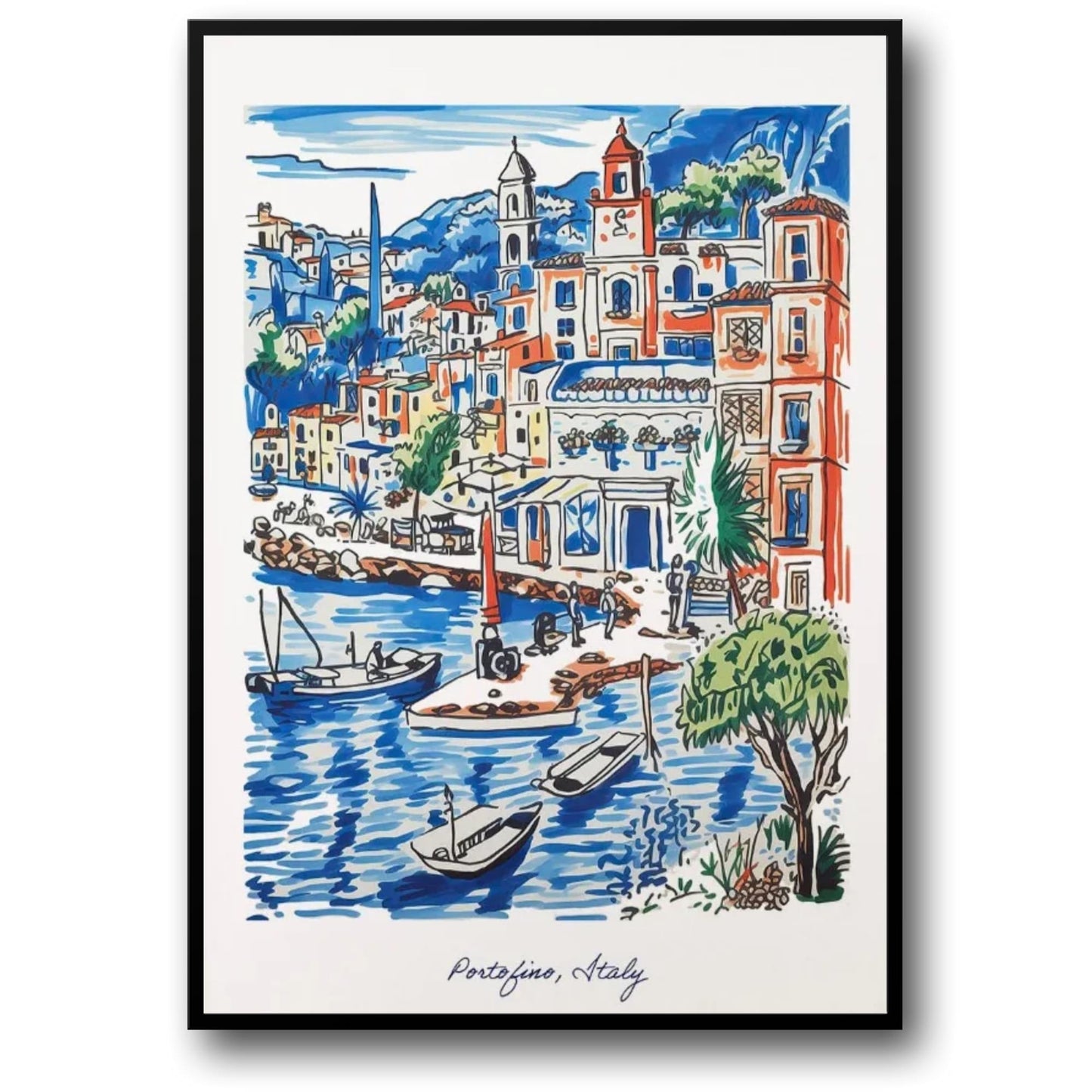 Portofino Waterfront Poster | Italienische Riviera-Szene | Maritime Wandkunst | Stilvolle Wohndekoration für Wohnzimmer oder Büro