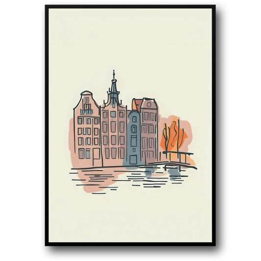 Amsterdam Canal Houses Poster | Stylized Watercolor Art | Netherlands Urban Landscape | Unique Travel Decor