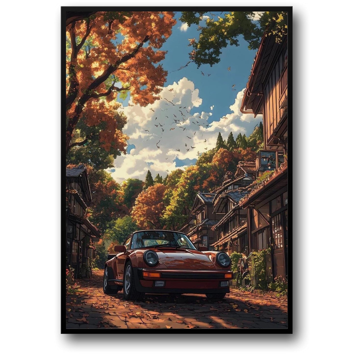 Vintage Red Sports Car | Autumn Village | Japanese Architecture | Maple Trees