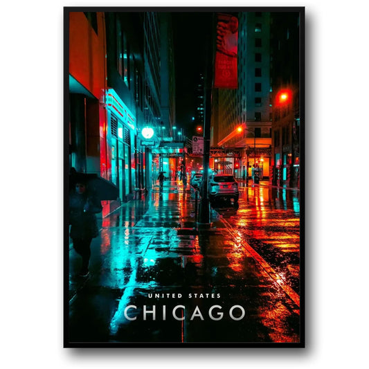 Chicago Rainy Night Poster | Urban Wonders Art Print | Cityscape Wall Decor | Artistic City Rain Scene | USA