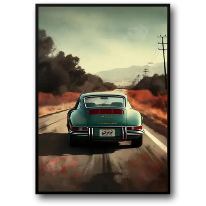 Porsche 911 Poster | Feurige Autobahnfahrt bei Sonnenuntergang | Wüstenlandschaftskunst | Dramatische Szenerie