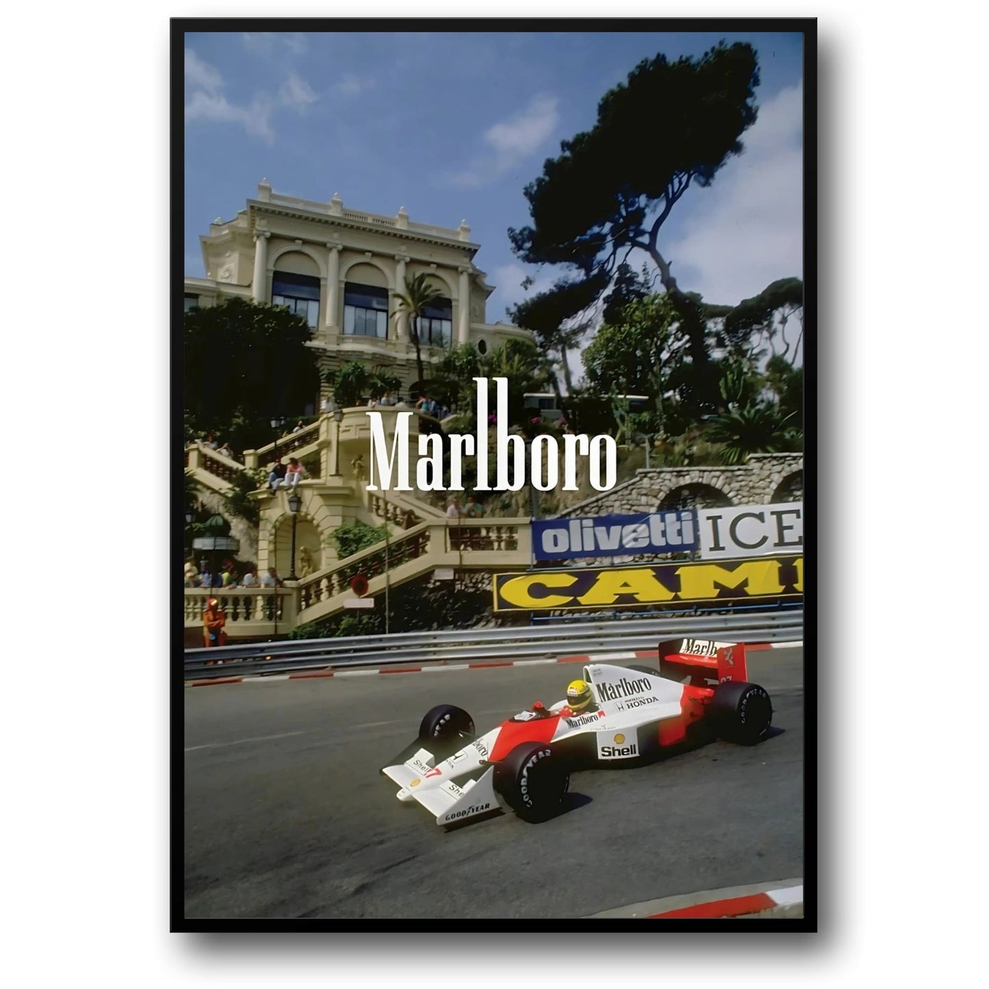 Vintage Formel 1 | Großer Preis von Monaco | F1-Rennplakat | McLaren MP4/5 | Ayrton Senna | Stufen des Casinos von Monte Carlo