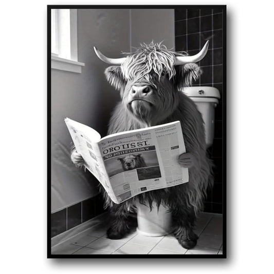 Highland Koe Leest op Toilet | Humoristische Boerderijstijl