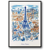Poster Paris, Frankreich | Eiffelturm und Stadtbild | Blaues und orangefarbenes Kunstwerk | Ideal für die Galeriewand