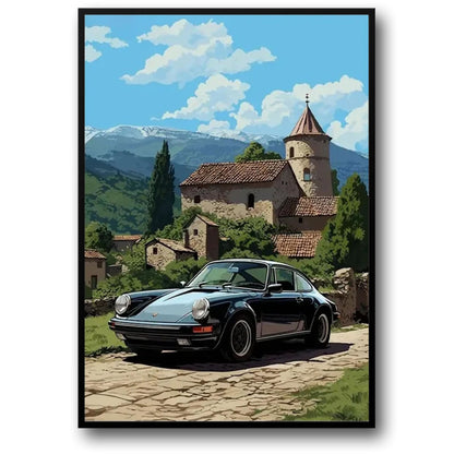 Porsche Poster | 911 Morning Glory | Morgendämmerung auf dem Land | Ruhe in der alten Kirche